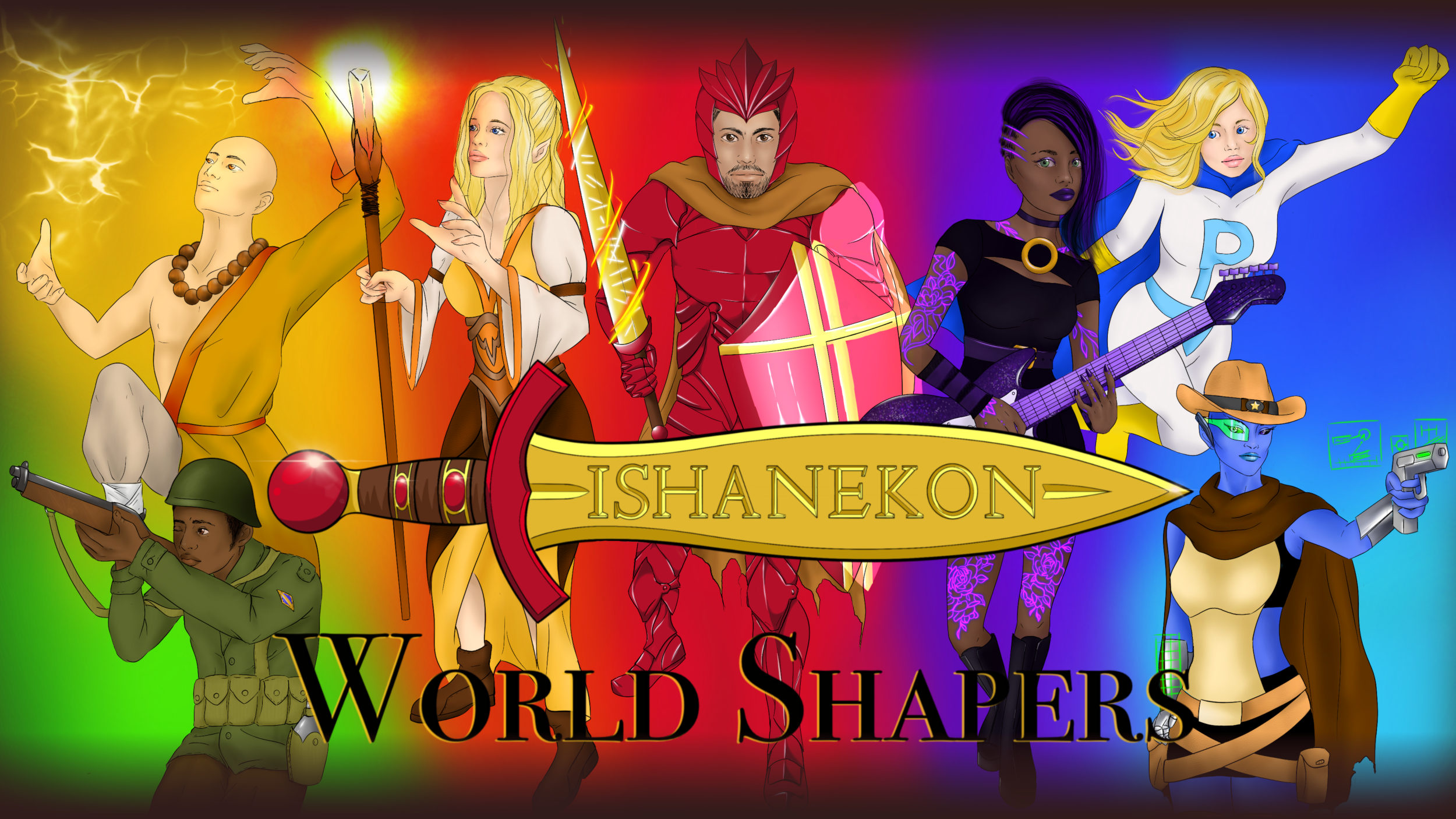 The main image with the title: Ishanekon engraved on a golden sword with a red child and under it World Shapers. Behind that, we have seven characters, each representing a different color of the rainbow. From left to right: Green, a world war II soldier. Yellow, an Asian monk channeling lighting. Organe: A elf wielding a magic stave with an orange crystal. Red: Blaze Reason, the author of this game, wearing a crimson plate armor with a golden sword in one hand and a shield in the other. Purple, a goth guitarist with glowing tattoos. Blue: A superhero with a P on her chest. Tozurcuese: A alien with a cowboy hat and a pistol with holograms.