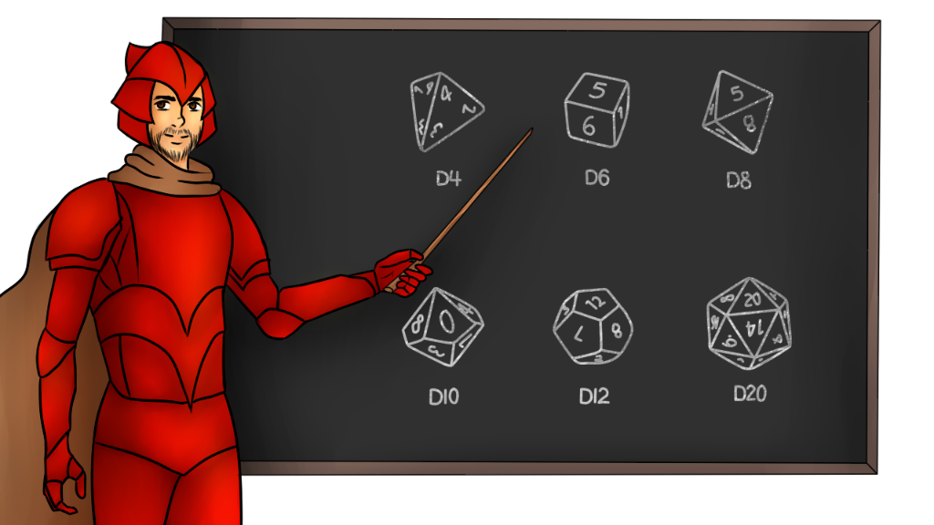 Blaze Reason wearing his faith armor points at a chalkboard that shows the six dice needed to play Ishanekon: World Shapers.