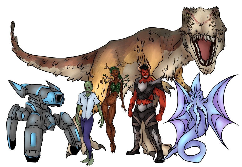 A group of creatures standing together. They contain a battle drone, a zombie, a dryad, a demon, an eldrich horror, and a feathered T-Rex.