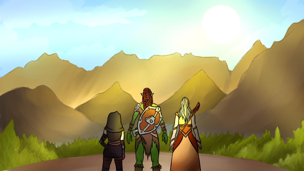 A rogue, a rusher, and an enchanter looking at a landscape filled with forests and mountains.