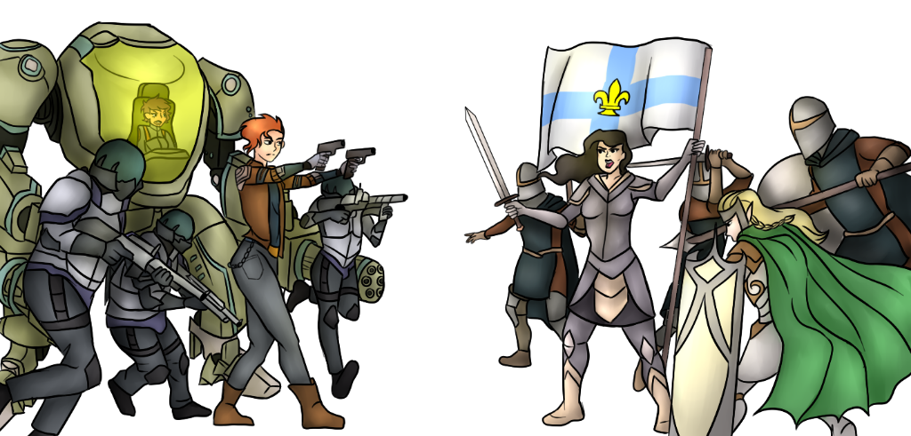 Two Armies are clashing. On the left, we have a duelist, pilot, and sci-fi soldiers. On the right, we have a leader, blocker, and medieval knights.