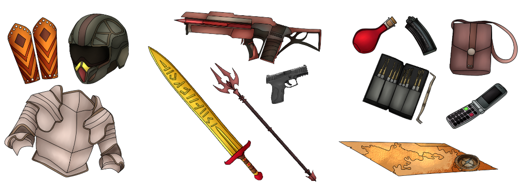 A collection of items. On the left, there are three pieces of armor, in the middle four weapons, and on the right six other items, like a map, ammunition, and a cell phone.