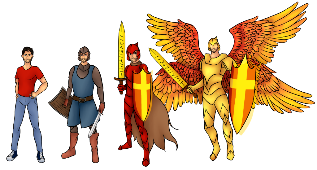 Four representations of Blaze Reason showing different power levels for different stories. From left to right, we have a realistic picture that is only wearing a T-Shir and jeans (Only Humand), a version clad in cheap armor with a wooden shield and short sword (Merer Mortal), Blaze in his classical red faith armor with his sword Ishanekon in his hands and a holy shield (Normal ruleset), and finally a supercharged golden version with four angel wings (Epic heroes).