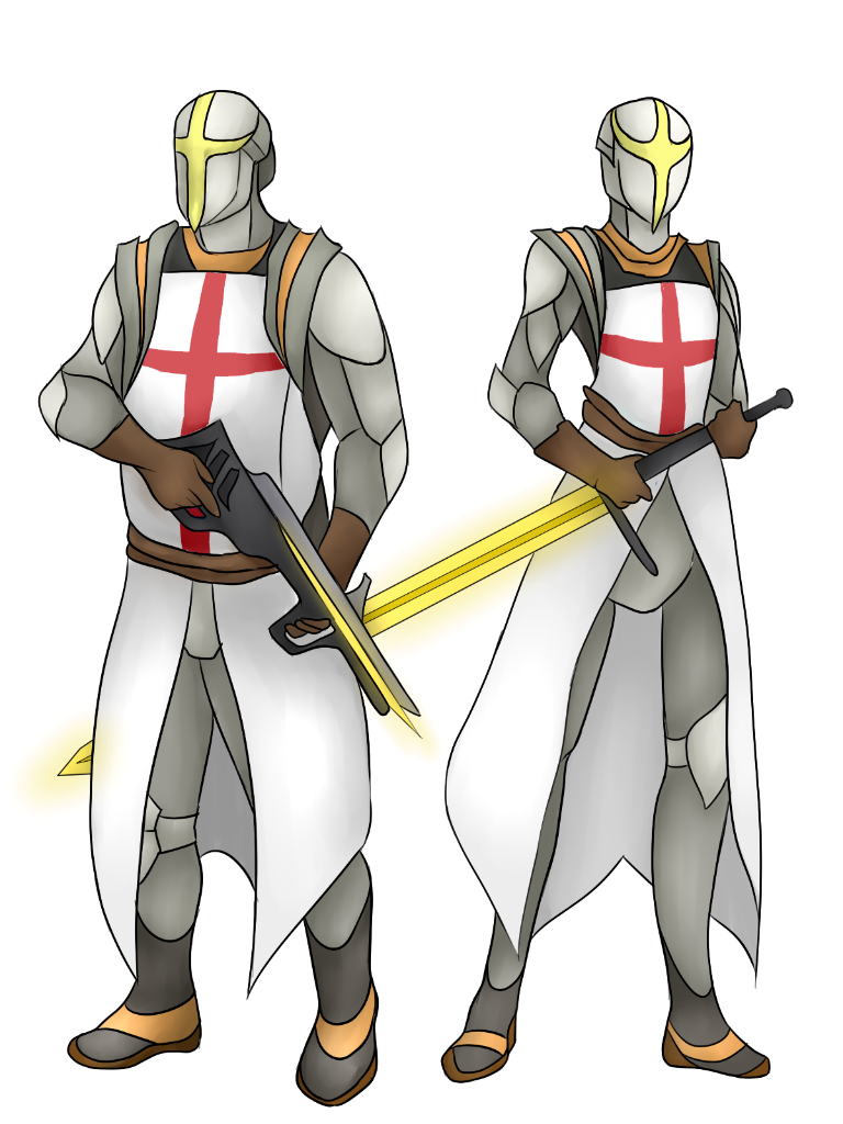 Two Templar Knights in full armor, one wielding a holy assault rifle and the other equipped with a holy greatsword.